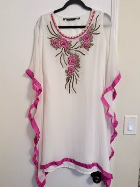 Silk Embroidered White Tunic dress with Pink Trim